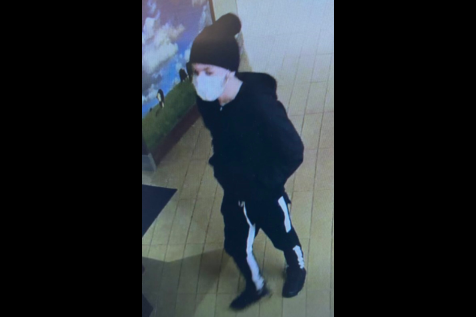 Barrie police have released this surveillance image of a male wanted in connection to an assault at an Essa Road hotel on April 9, 2021. 