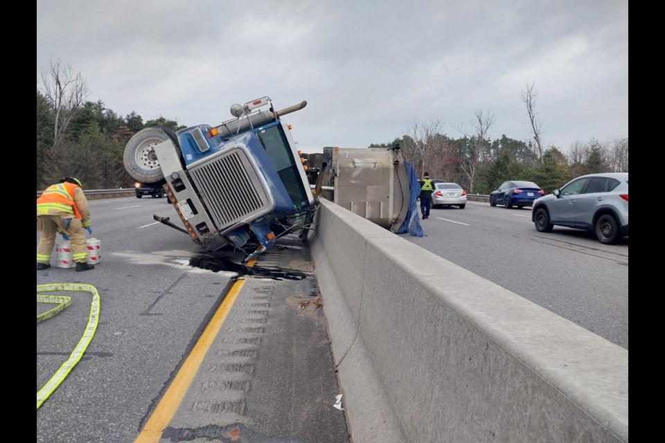 A transport-truck rollover closed several lanes of Highway 400 in Barrie, south of Mapleview Drive, on Thursday morning.