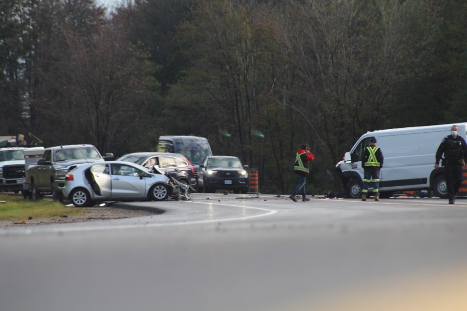 Barrie police investigate a crash Monday morning on Dunlop Street West, near Tiffin Street.