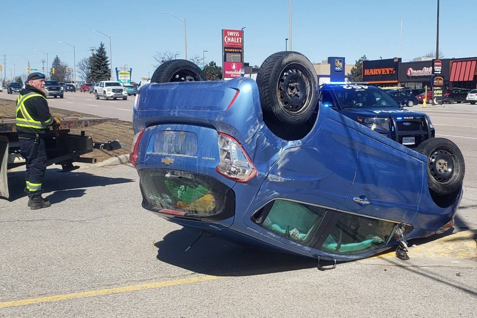 A crash on Bayfield Street in Barrie on Sunday afternoon left one vehicle on its roof.