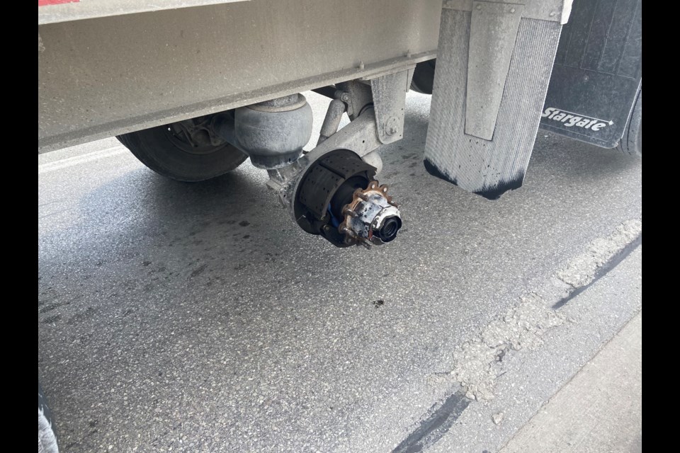 On Thursday, Aug. 12 at 2 p.m., a west-bound dump truck lost a set of trailer tires on Mapleview Dr. E. The tires struck a car stopped at a traffic light at Madeline Drive.