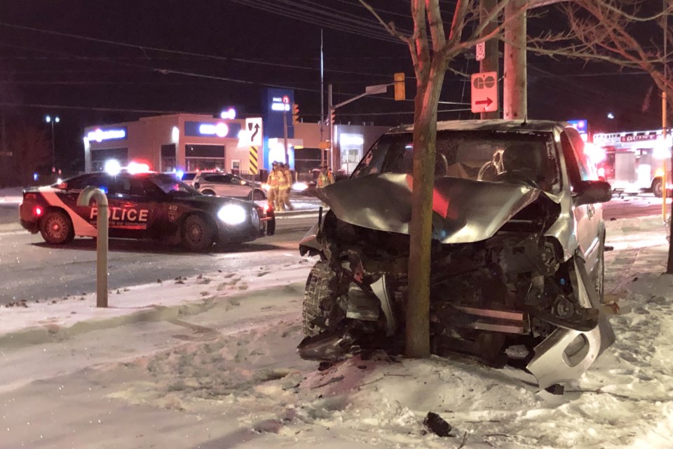 Barrie police responded to a two-vehicle crash around 8 p.m., on Saturday Jan. 19, 2019, at the intersection of Big Bay Point Road and Yonge Street in the city's south end. Police say one person was taken to local hospital with non-life-threatening injuries. The investigation is ongoing. Kevin Lamb for BarrieToday