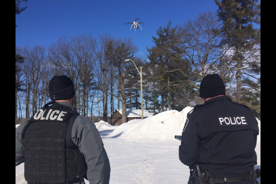 Barrie Police officers use a UAV to search for 72-year-old Mandy Thompson, who went missing this morning, Feb. 3, 2017. Sue Sgambati/BarrieToday