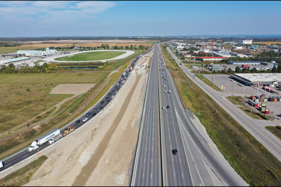 Aerial view of Highway 400 looking north toward Barrie from Innisfil Beach Road. 