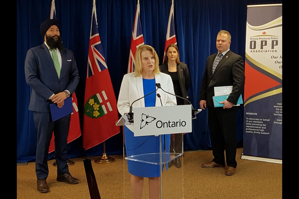 From left are, Prabmeet Sarkaria, parliamentary assistant to the Minister of Community Safety and Correctional Services; Minister of Community Safety and Correctional Services Sylvia Jones; Barrie-Innisfil MPP Andrea Khanjin; and OPPA president Rob Jamieson were on hand for the new OPP mental-health initiative announcement on March 29, 2019. Shawn Gibson/BarrieToday