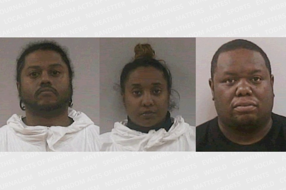 Three people have been charged in connection to a drug and human-trafficking investigation in Innisfil. They are, from left, Tyrone Aaron Dias, Jashyna Singh and Royden Reis.