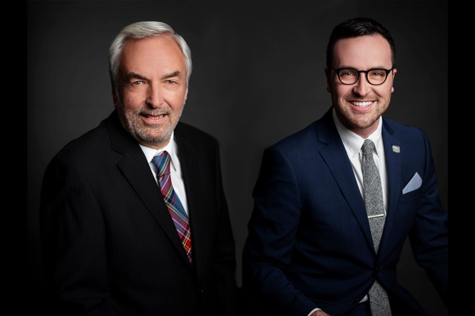 Barrie city councillors Clare Riepma (left) and Keenan Aylwin are shown in a photo illustration.  They are the city's appointees on the Downtown Barrie BIA board of management. 