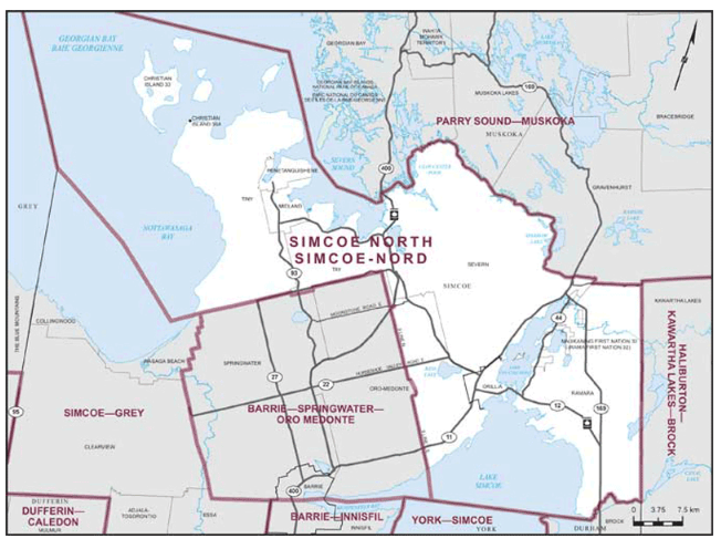 Map showing the electoral district boundaries for Simcoe North. 