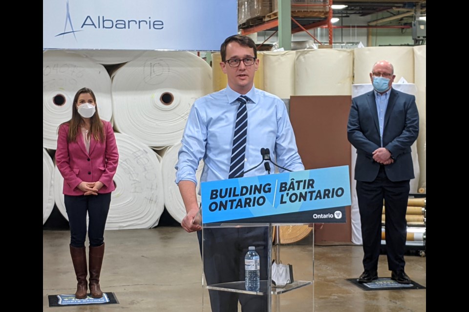 Minister of Labour, Training and Skills Development Monte McNaughton speaks at Albarrie on Wednesday. Also shown are Barrie-Innisfil MPP Andrea Khanjin and WSIB president and chairman Jeff Lang. 