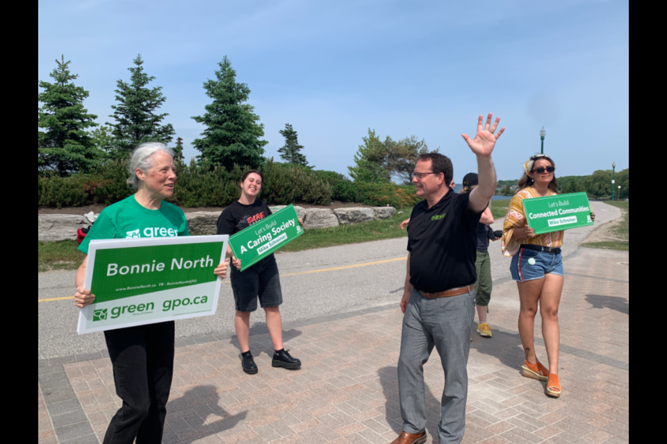 Ontario Green Party Leader Mike Schreiner made a quick campaign stop in Barrie on Monday.