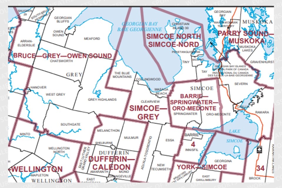 Map showing ridings in the Barrie and Simcoe County area.
