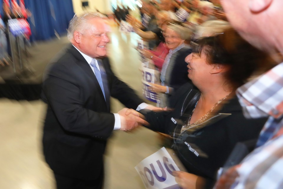 Progressive Conservative Party of Ontario leader Doug Ford greets supporters at his rally at the Holly Community Centre in Barrie on Friday, May 11, 2018.  Kevin Lamb for BarrieToday.
