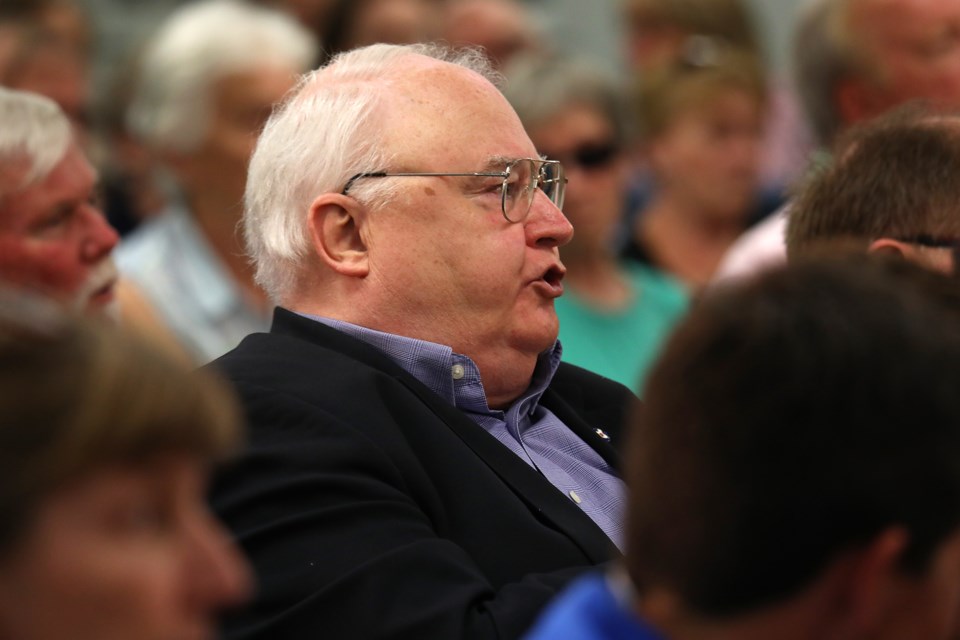An audience member reacts angrily to one of the candidates during the candidates debate held at Lion's Gate Banquet Centre in Barrie on Thursday, May 31, 2018. Kevin Lamb for BarrieToday.
