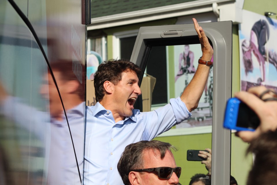 Justin Trudeau waves to Liberal Party supporters as he boards his campaign bus during a visit to downtown Barrie on Thursday, Sept. 26, 2019. Raymond Bowe/BarrieToday