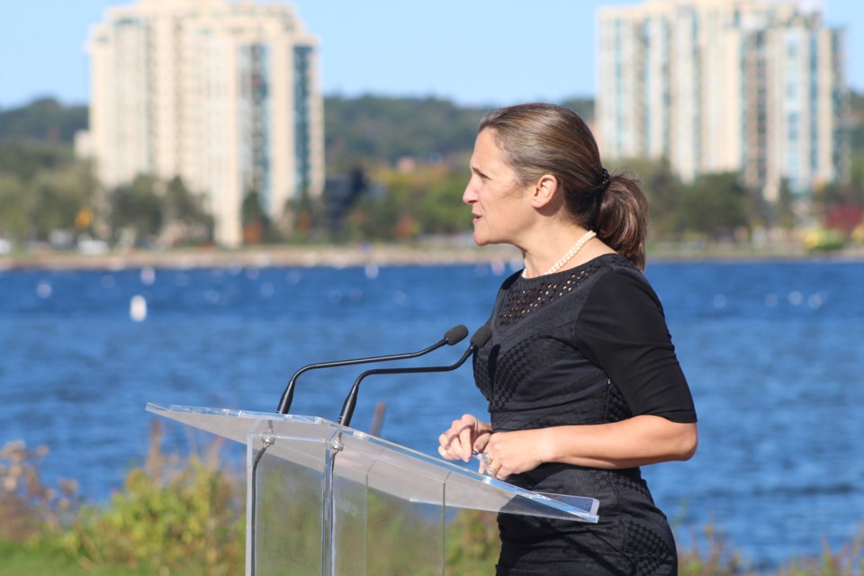 Federal Finance Minister Chrystia Freeland speaks at a news conference in Barrie in 2019. Raymond Bowe/BarrieToday file photo