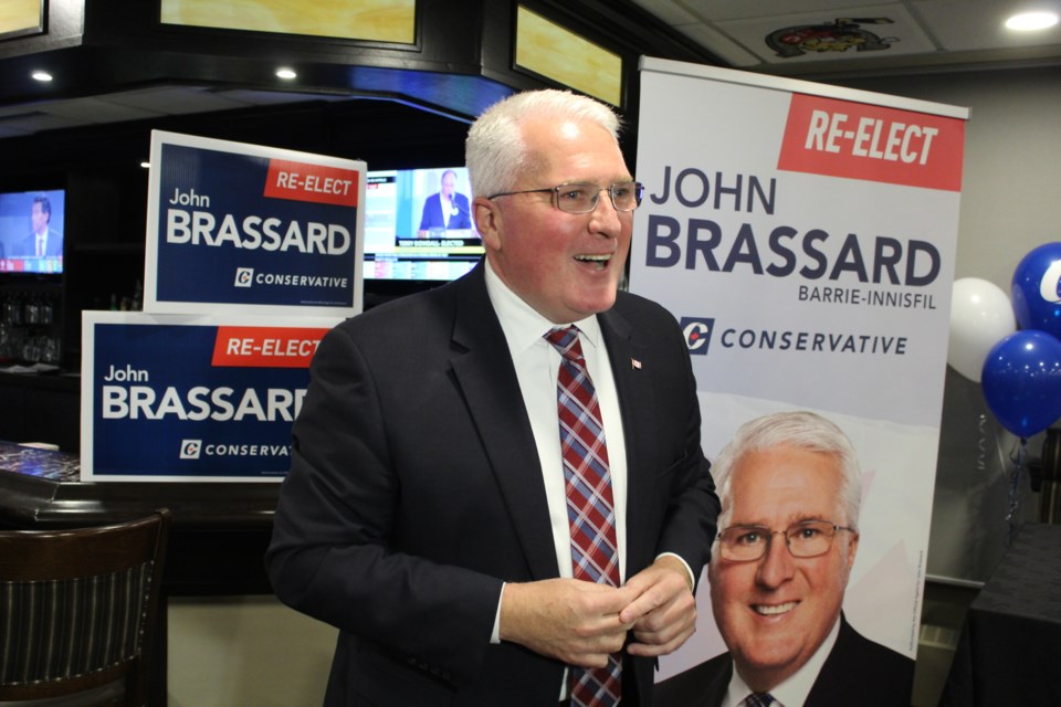 Conservative candidate John Brassard speaks to supporters on Monday night at the BMC after winning the Barrie-Innisfil riding again in the federal election. Raymond Bowe/BarrieToday