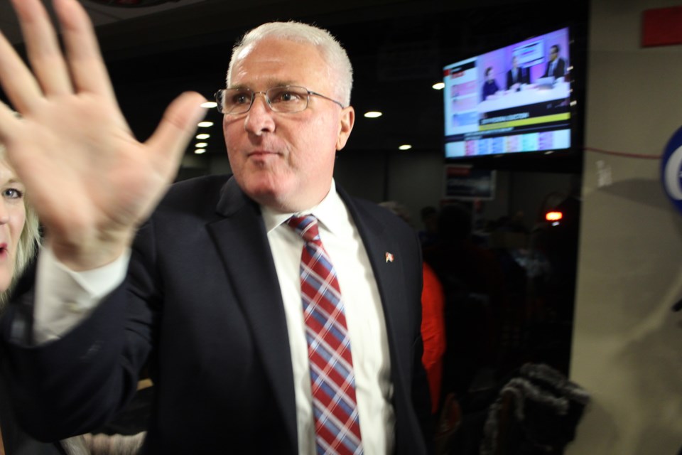 Barrie-Innisfil Conservative candidate John Brassard greets supporters on Election Night, Monday, Oct. 21, 2019, to give his victory speech. Raymond Bowe/BarrieToday