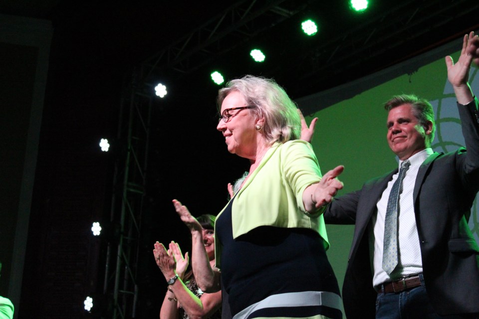 Federal Green Party leader Elizabeth May listens to a question during a town hall meeting on July 18, 2019 at Mavricks Music Hall in downtown Barrie. Behind her is local candidate Marty Lancaster. Raymond Bowe/BarrieToday