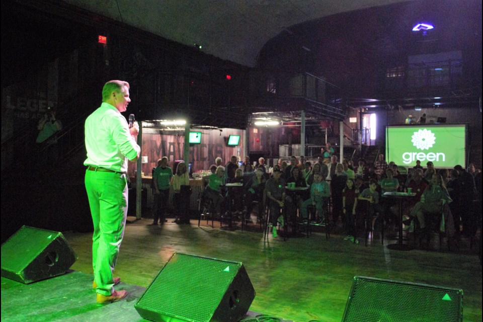 Barrie-Springwater-Oro-Medonte Green Party candidate Marty Lancaster speaks to the crowd at Mavricks Music Hall in downtown Barrie during his campaign launch party on Sunday. Jessica Owen/BarrieToday