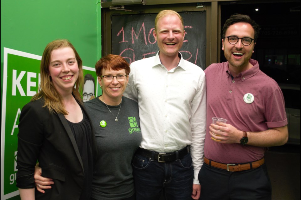 From left, Jeff Kerk's campaign manager Megan Thomson, Keenan Aylwin's campaign manager Linda Palmateer, Jeff Kerk and Keenan Aylwin after the election results were announced on Thursday night. Jessica Owen/ BarrieToday