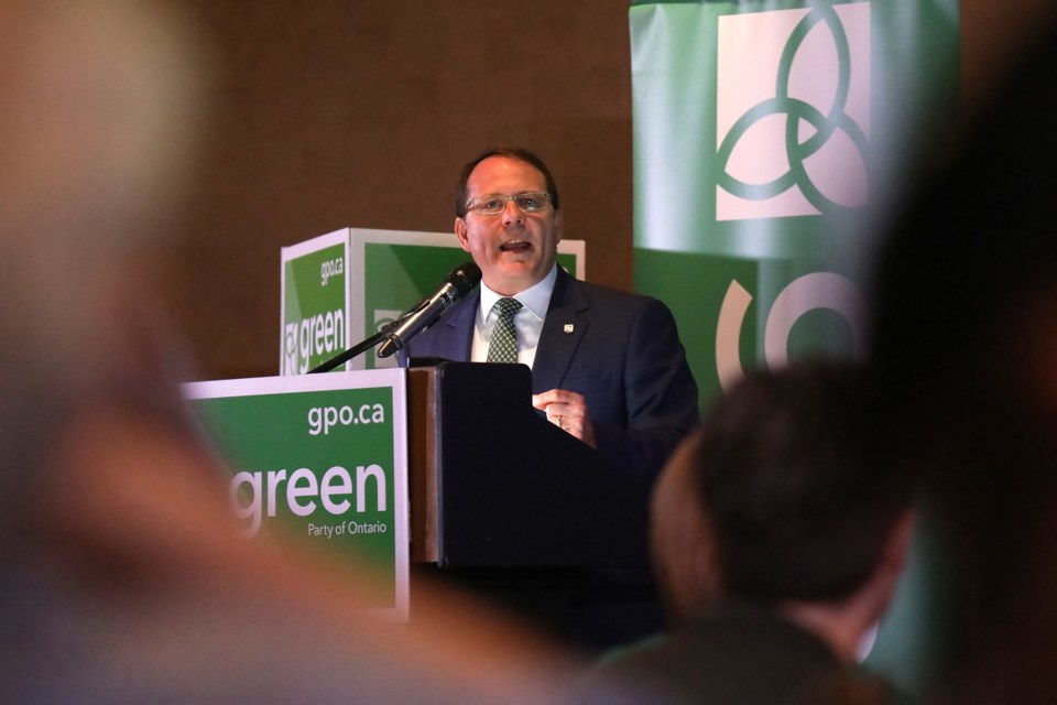 Mike Schreiner, Green Party leader and MPP for Guelph, speaks on Saturday at the annual party gathering that is being held this weekend at the Holiday Inn and Conference Centre on Fairview Road. Kevin Lamb for BarrieToday.
