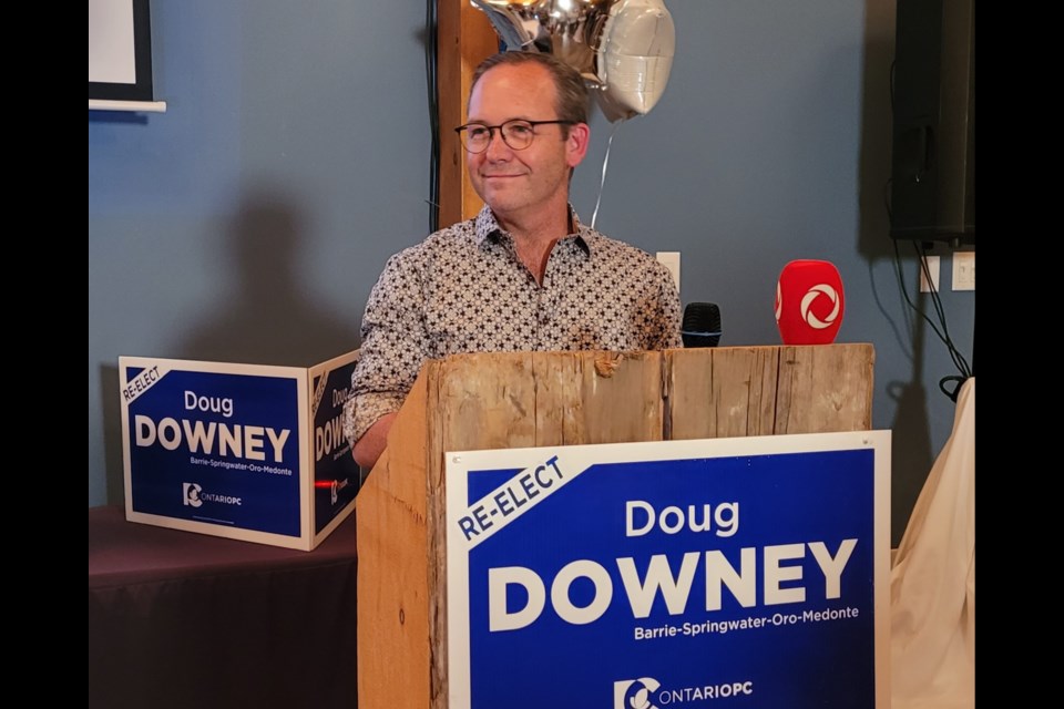 Doug Downey, the Progressive Conservative incumbent in Barrie-Springwater-Oro-Medonte, gives his victory speech in front of friends and supporters late Thursday night at Vespra Hills Golf Club, June 2, 2022.