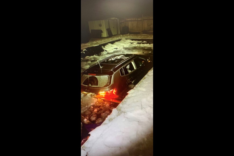A vehicle sits in a swimming pool after an early morning crash, Saturday, Jan. 4, 2020. Photo courtesy Barrie Police Service