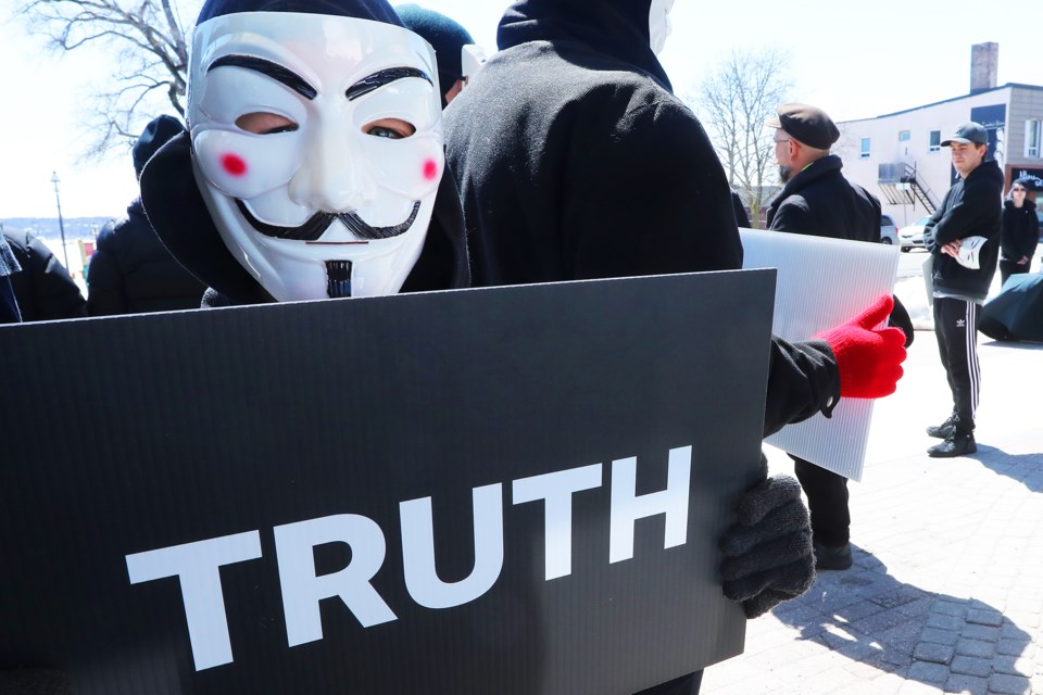 Vegan group Anonymous for the Voiceless staged a pop-up protest at City Hall in Barrie on Saturday, April 21, 2018. It's the first time that the Toronto group has protested in Barrie. Their supporters are against fur, the eating of meat, and promote a vegan lifestyle.  The worldwide adoption of Guy Fawkes masks are said to represent commitment to a shared cause and also to conceal and protect the identities of demonstrators. Kevin Lamb for BarrieToday.