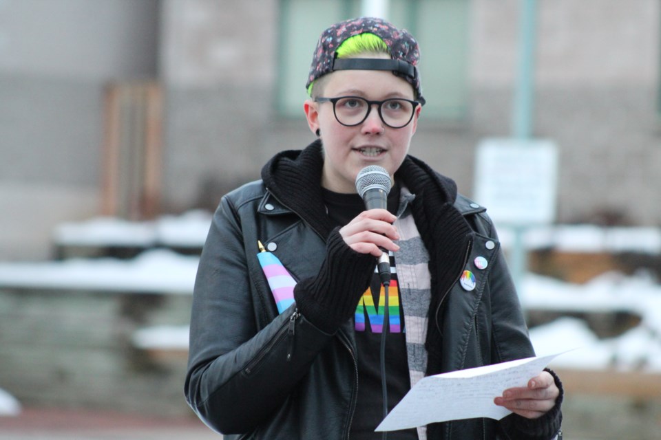 Aiden Brown, who came out as a transgender man last week, speaks at Monday night's protest at Barrie City Hall. Raymond Bowe/BarrieToday