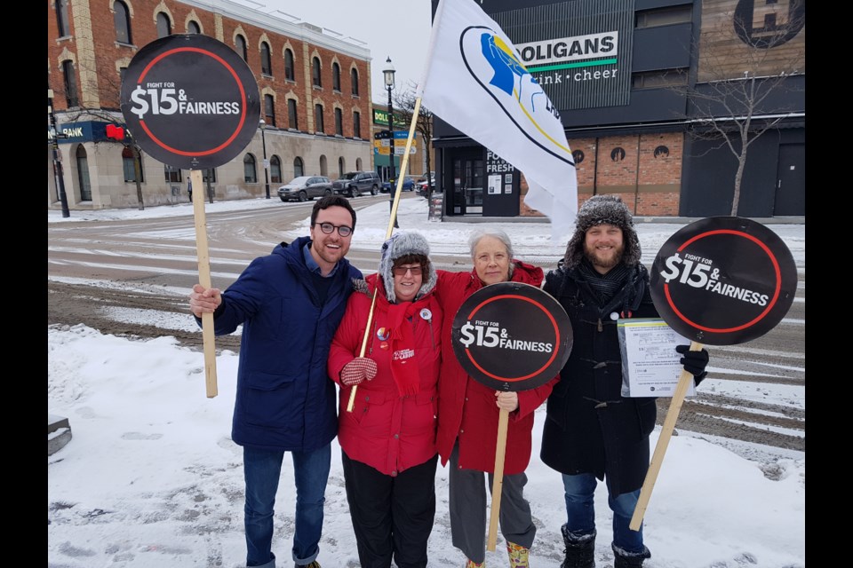 From left, Ward 2 city councillor Keenan Aylwin, Anita Johnson-Ford, Bonnie North and Dan Janssen brave the frigid temperatures to have their voices heard on Jan. 25, 2019. Shawn Gibson/BarrieToday
