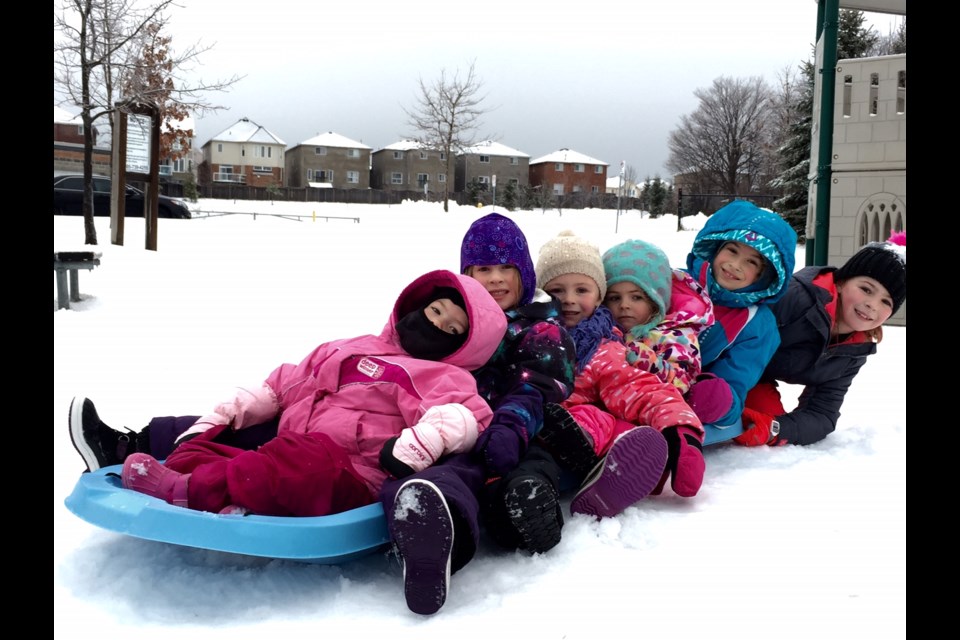 Kayleigh, Olivia, Sadie, Neveah, Isabell and Avah, ranging in age from 4 - 8 hit the hills for some tobogganning at Sandringham Park.  Sue Sgambati/BarrieToday