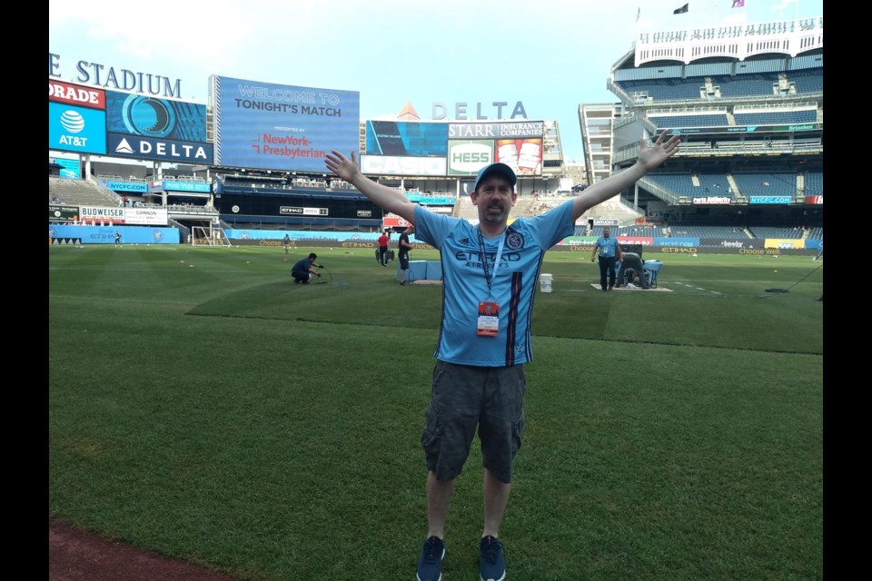 Ronan Cordelle, seen here at a  Yankee Stadium before a Major League Soccer game, hopes to bring pro soccer to Barrie. Photo supplied