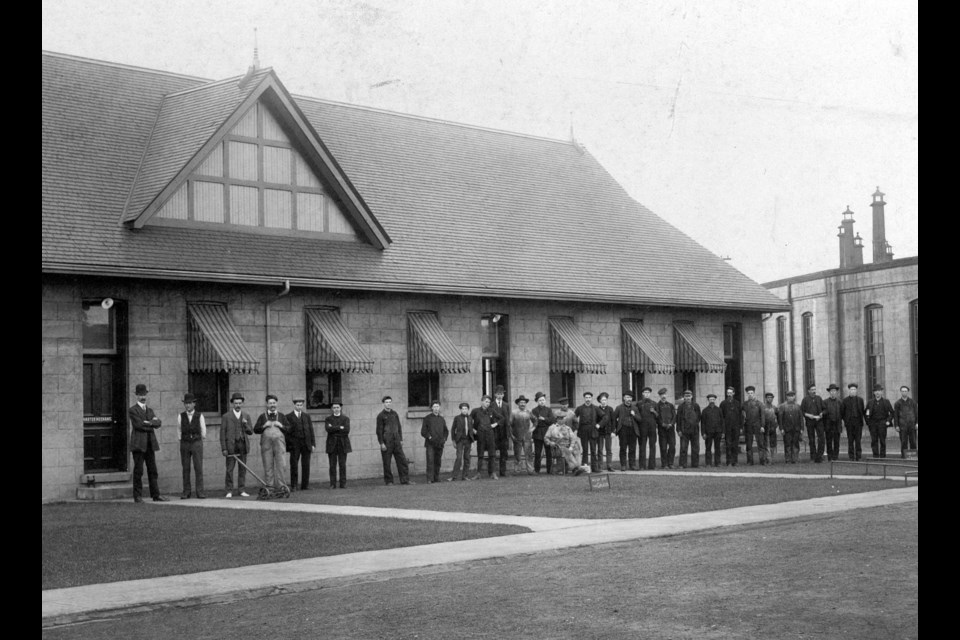 The Southshore Centre was originally the master mechanic's building, as seen in this photo circa 1903 or 1905, and was part of a sprawling rail complex. At the right is the massive roundhouse. Photo courtesy of Simcoe County Archives