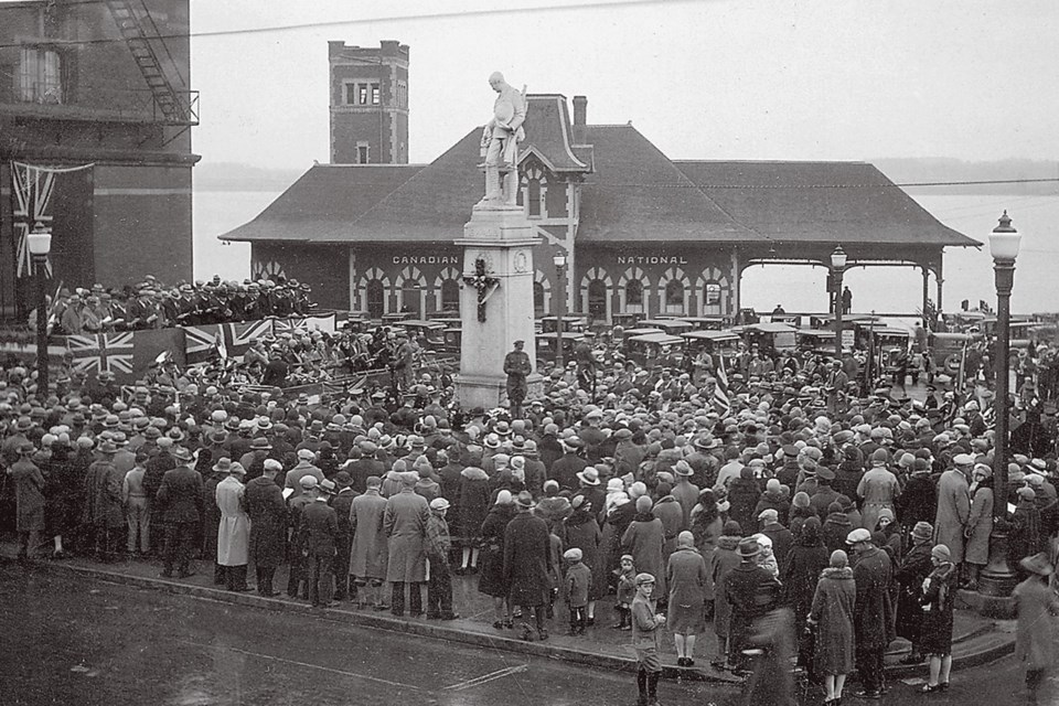 The cenotaph in downtown Barrie has a been a place to recognize the sacrifices of Canada's military for almost 100 years, as seen in this gathering from 1929. The Canadian National Railroad station, seen in the background, and the original post office at left, have long-since been demolished. Simcoe County Archives Phot0