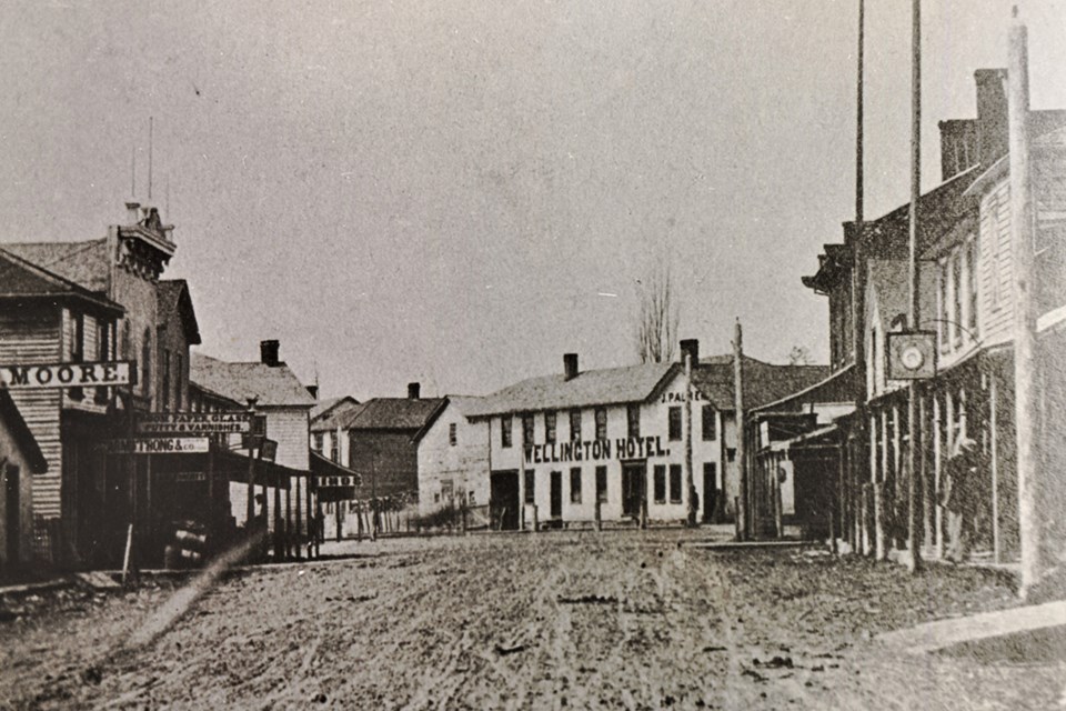From Dunlop Street East looking west to Five Points and Wellington Hotel in downtown Barrie, circa 1879. Like most of the downtown at one time or another in the 1800s, the hotel succumbed to fire in 2007. Photo courtesy of the Simcoe County Archives