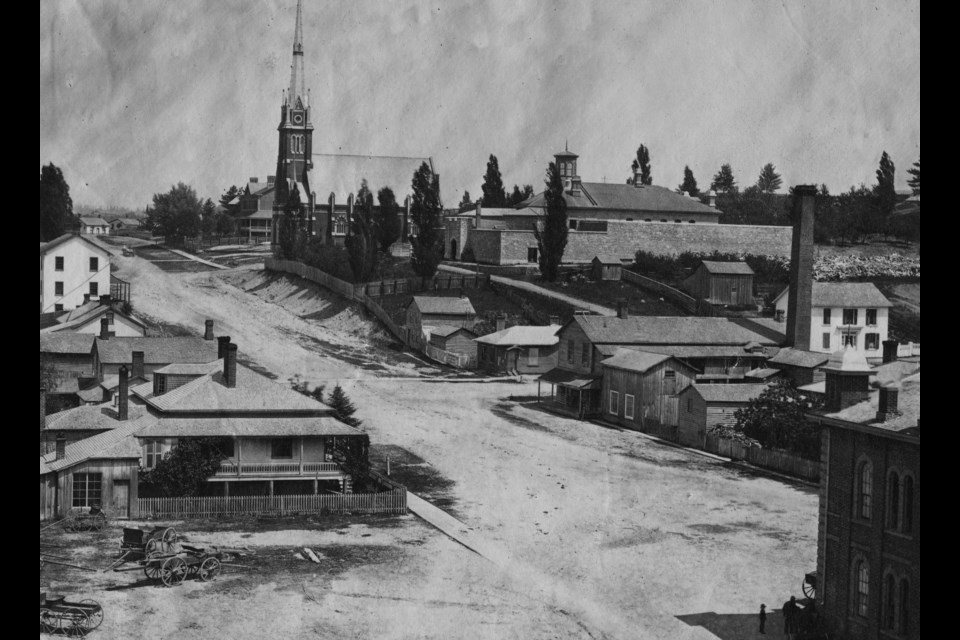 The Simcoe County Jail in Barrie (upper right) as it appeared in 1875. The church (upper left) is no longer there. Photo courtesy of the Simcoe County Archives, Livingstone collection