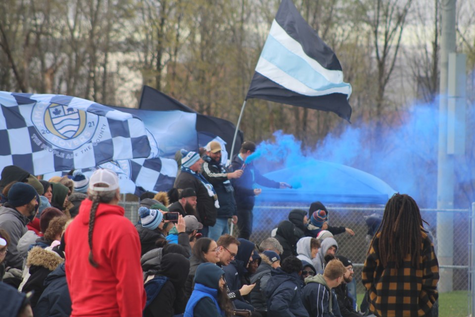 The Barbarriens, the Rovers FC supporters club, celebrate one of many goals in the team's home opener, Saturday, April 22, 2023. 