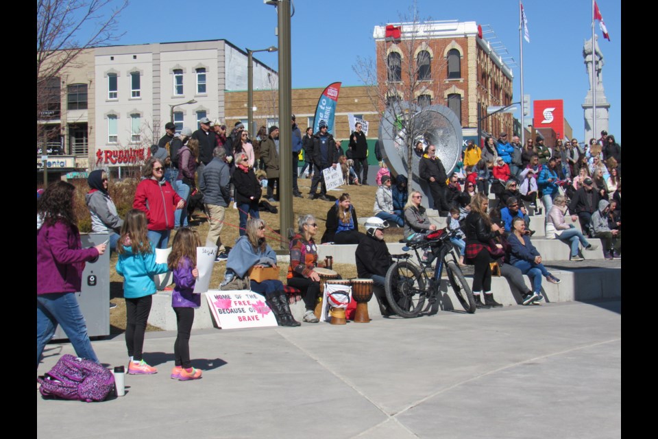 Protesters pushing back against COVID-related restrictions have been descending upon Meridian Place in downtown Barrie for the past two weeks, including the event pictured on March 20. They say they will continue to do so every Saturday until restrictions are lifted.