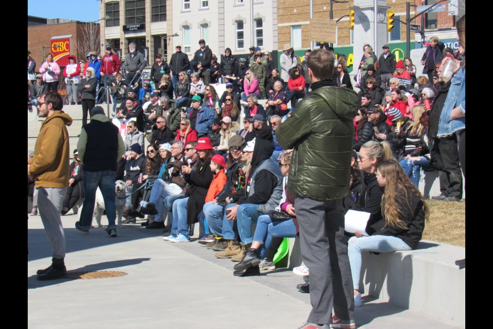 Shown in a file photo from March 13, protesters have met every weekend since at Meridian Place to voice their displeasure at wearing masks, among other public health guidelines.