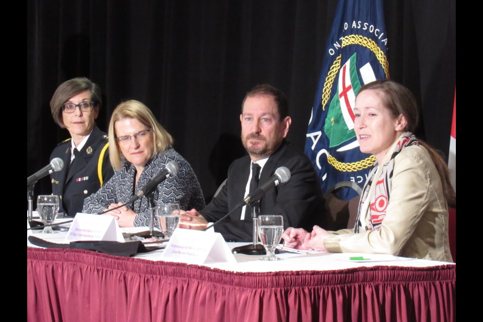 Left to right: Barrie Police Chief Kimberley Greenwood, Ontario Solicitor General Sylvia Jones, Ontario Privacy Commission – David Goodis, Violence against Women Advocate Case Review Project Lead Sunny Marriner launch the new project against sexual violence, Friday Dec 6, 2019. Shawn Gibson/BarrieToday                          