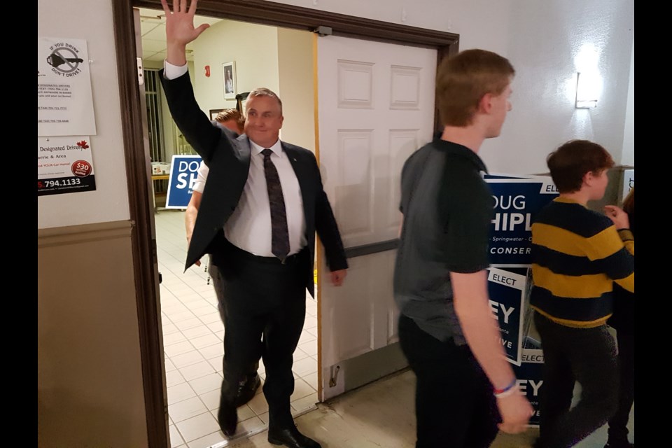 Doug Shipley enters the Legion Hall to a cheer from supporters as he was declared the winner of the BSOM riding on Monday, Oct. 21, 2019. Shawn Gibson/BarrieToday