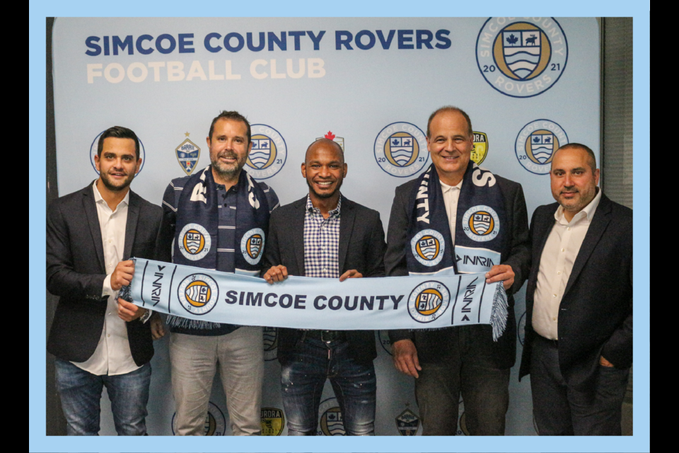 From left are Peter Raco, CEO and co-owner of Simcoe County Rovers FC; Matthew Braithwaite, managing director, League1 Ontario; Julian de Guzman, president and co-owner of Simcoe County Rovers FC; Johnny Misley, CEO of Ontario Soccer; and Will Devellis, COO and co-owner of the Simcoe County Rovers FC.