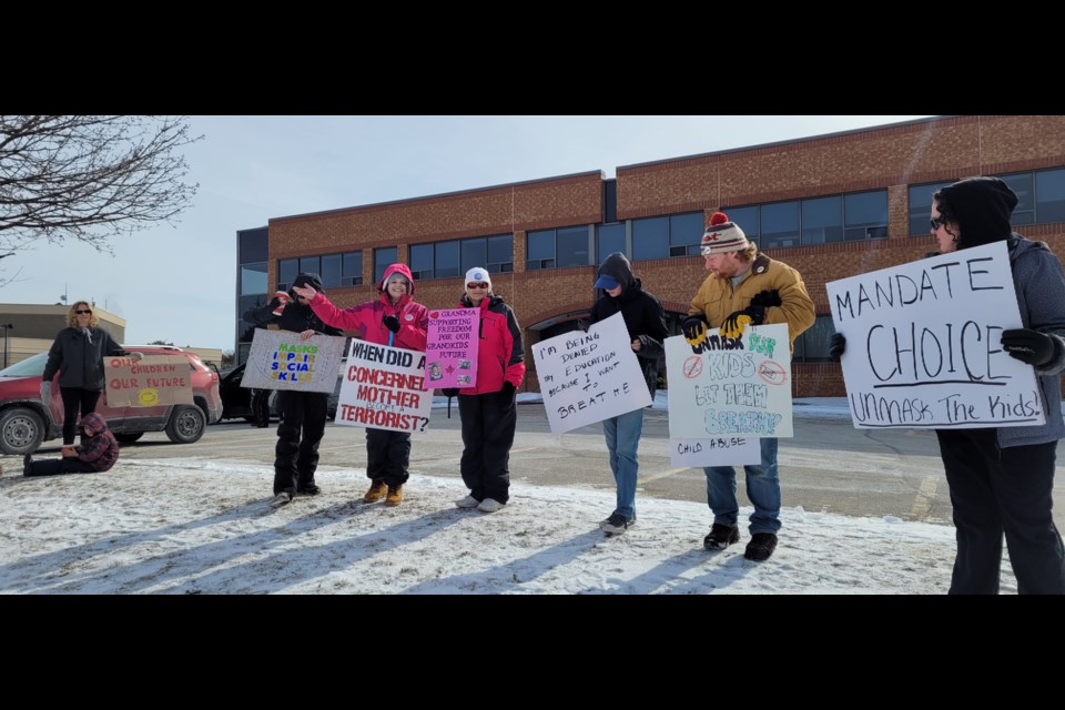 A small protest outside the Simcoe Muskoka District Health Unit had the facility close for the day out of precaution, Monday, Feb. 28, 2022.
