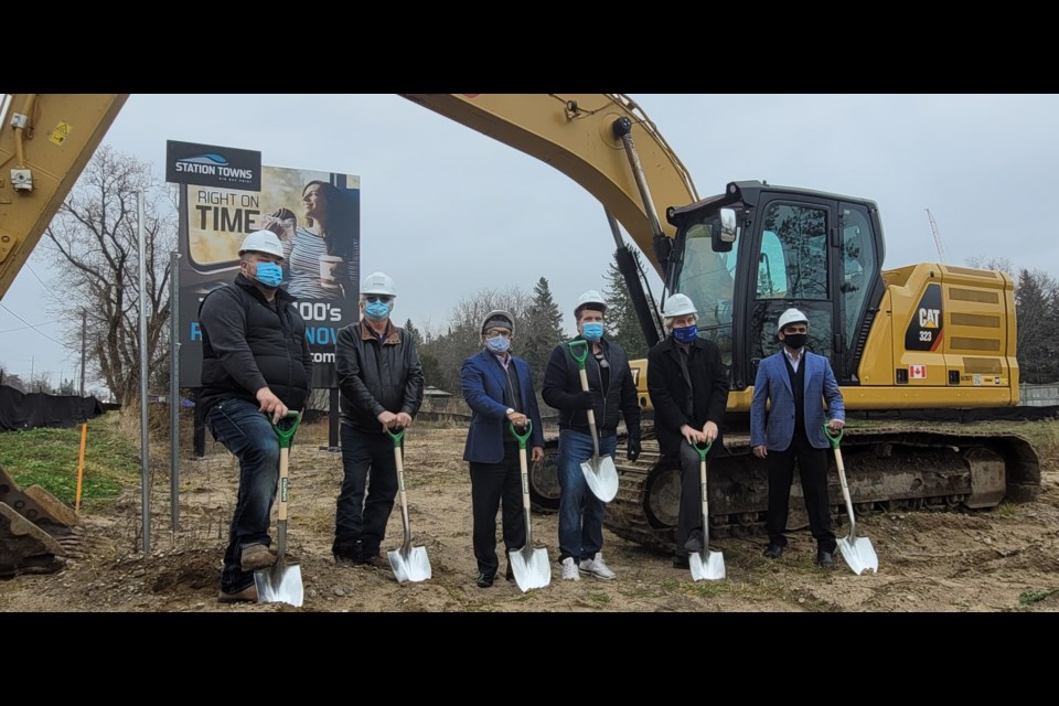 From left, Joe Francelj of UFC Contracting, Pierre Beaumier, Sajjad Hussain from Sunrise Homes, Ward 10 Coun. Mike McCann, Deputy Mayor Barry Ward, and Muzammil Y Kodwavi from Sunrise Homes were on hand for a ground-breaking ceremony, Friday. Shawn Gibson/BarrieToday