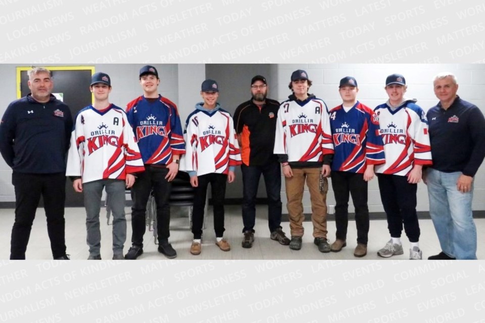 The Orillia Mister Transmission Kings are getting a head-start on their season. The team recently signed several players. From left are general manager Rob Blasdell, Jack Marwick, Jesse Ashkewe, Colsen Maracle, Mister Transmission sponsor Chris Janson, Hayden Goldthorp, Ashton Twyman, Quinton Greenfield and head coach Jim Meredith.