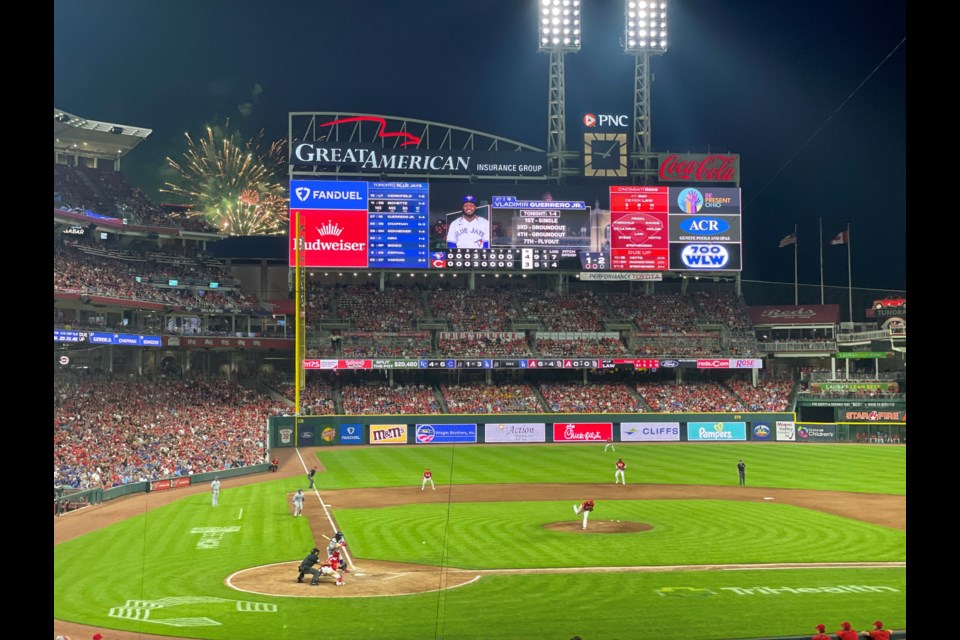 An event adjacent to Great American Ball Park in Cincinnati set off fireworks to cap off its day while the game between the Reds and the Toronto Blue Jays was nearing its conclusion on Saturday, Aug. 19.