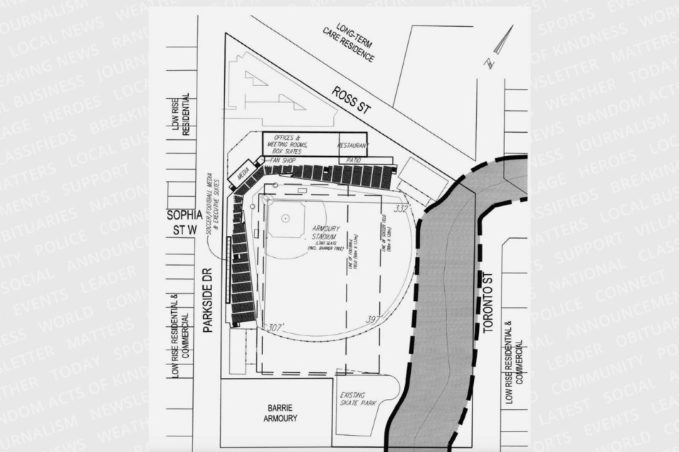Drawing for how a proposed a stadium at Queen's Park in downtown Barrie could be situated on the property. 