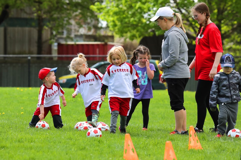 With spring brings Little Kickers soccer training outside as instructors teach the finer points of the sport to children at Harvie Park in Barrie on Sunday, May 20, 2018. Kevin Lamb for BarrieToday.
