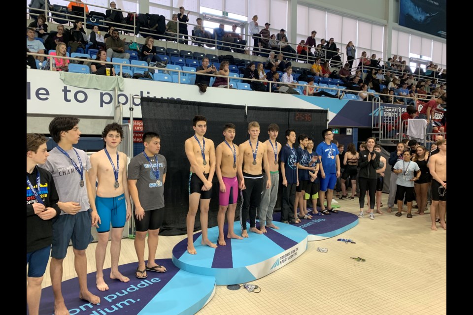 The St. Peter's junior boys 4x50-metre freestyle relay team won gold at OFSAA this week. The swimmers are, from left, Adam Raco, Jesse Montes, Matthew Keenan and Julian Gonzales. Photo supplied