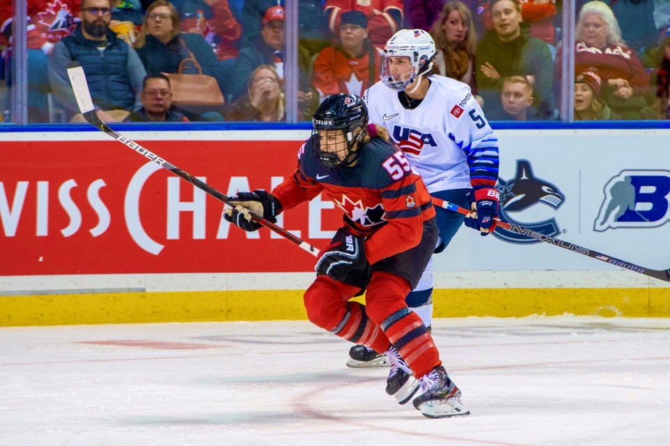 Barrie native Jessie Eldridge is shown in Game 3 of the Rivalry Series as Canada take on USA at the Save on Foods Memorial Centre in Victoria, B.C., in February 2020. 